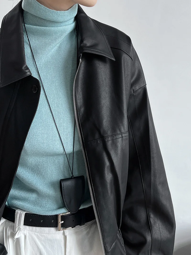 Outono novo casual preto manga longa casaco solto motocicleta jaqueta de couro feminino