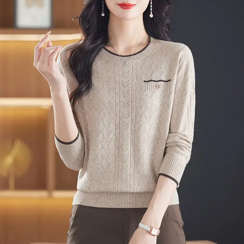 Odzież damska Wiosna Jesień Crew Neck Solid Color Pullover Long Sleeve Hook Flower Hollow Sweater Knitted Casual Elegant Tops