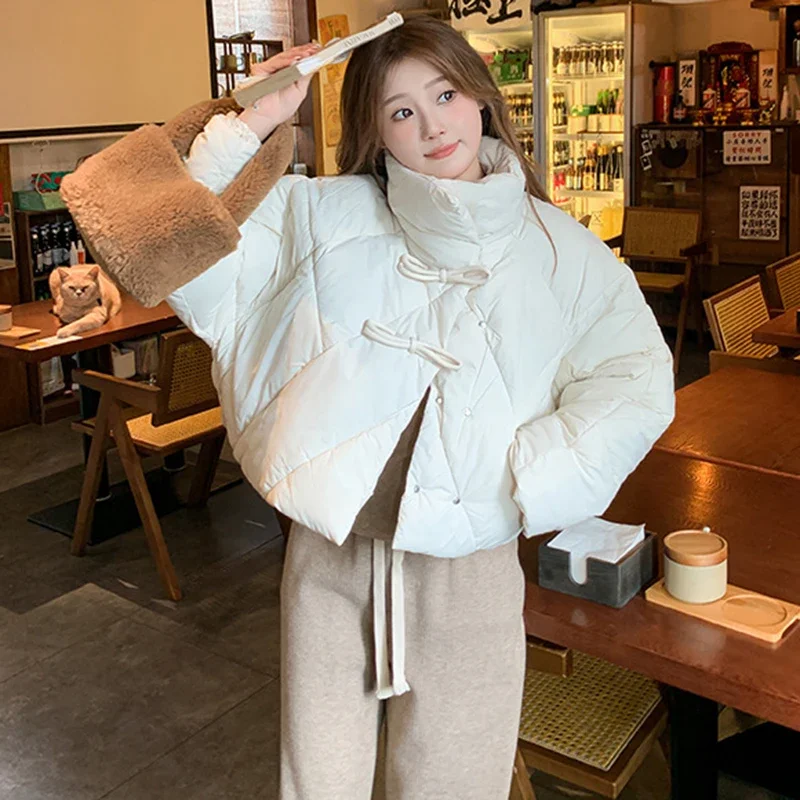 Winter Stand Collar Parkas Short Cotton Padded Coat Loose Female Puffer Jacket Long Sleeve Warm Vintage Jacket Fashion Outwear