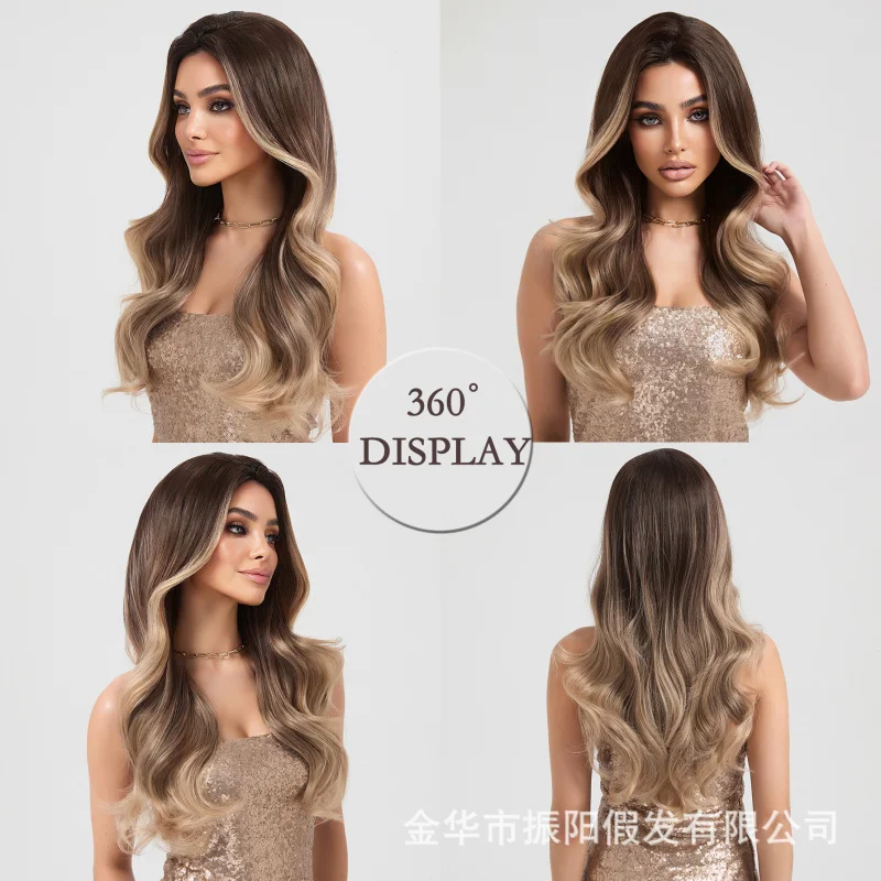 European and American style golden-brown mixed color highlighted long wavy curly hair, middle parting, voluminous, high-temperat