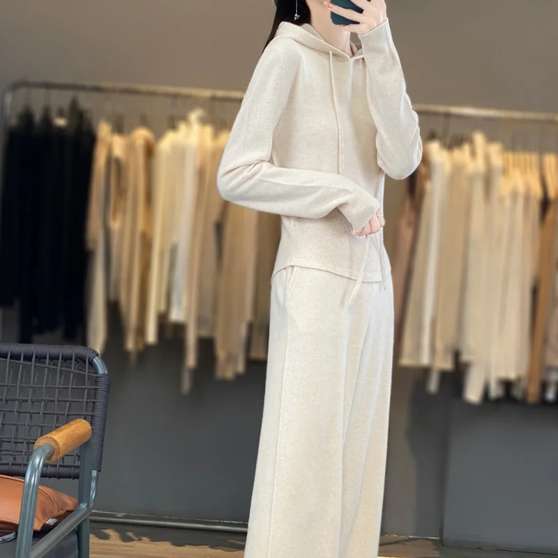 2024Autumn/Winter New Women\'s Leisure Suit Slim Hooded Knit Top Elastic High Waisted Leg Wide Leg Pants 100% Australian Wool Set