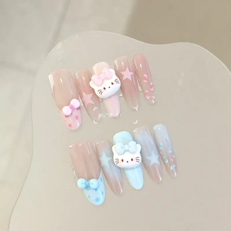 

10pcs Kawai Hello Kitty Anime Kawaii Sanrio Ins Handmade Nail Sticker Cute Cartoon Y2k Fingers Wearing Decoration Gifts for Kids