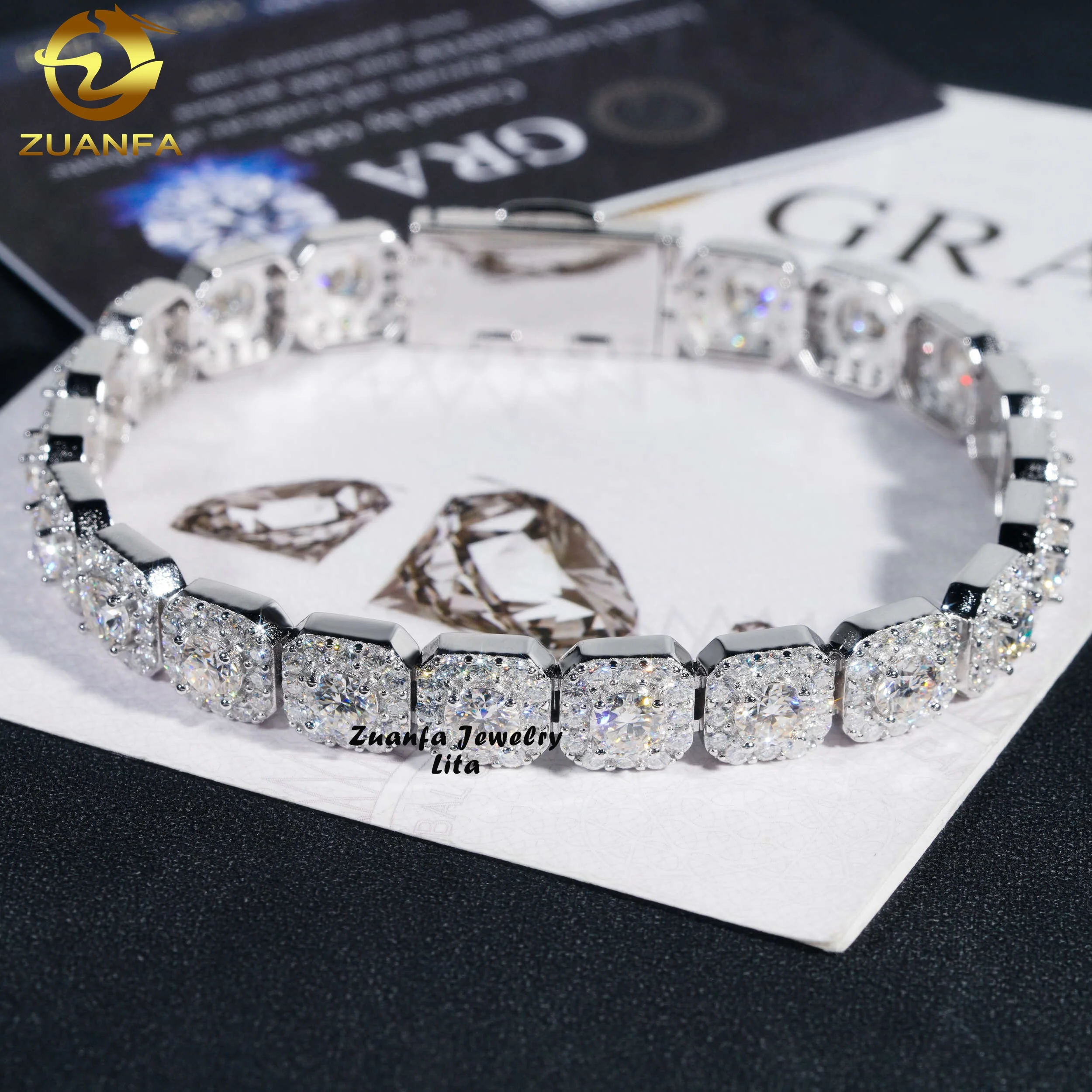 Quality High Fashion Hip Hop 925 Sterling Silver 10mm Moissanite Cluster Tennis Chain Cuban Bracelet.