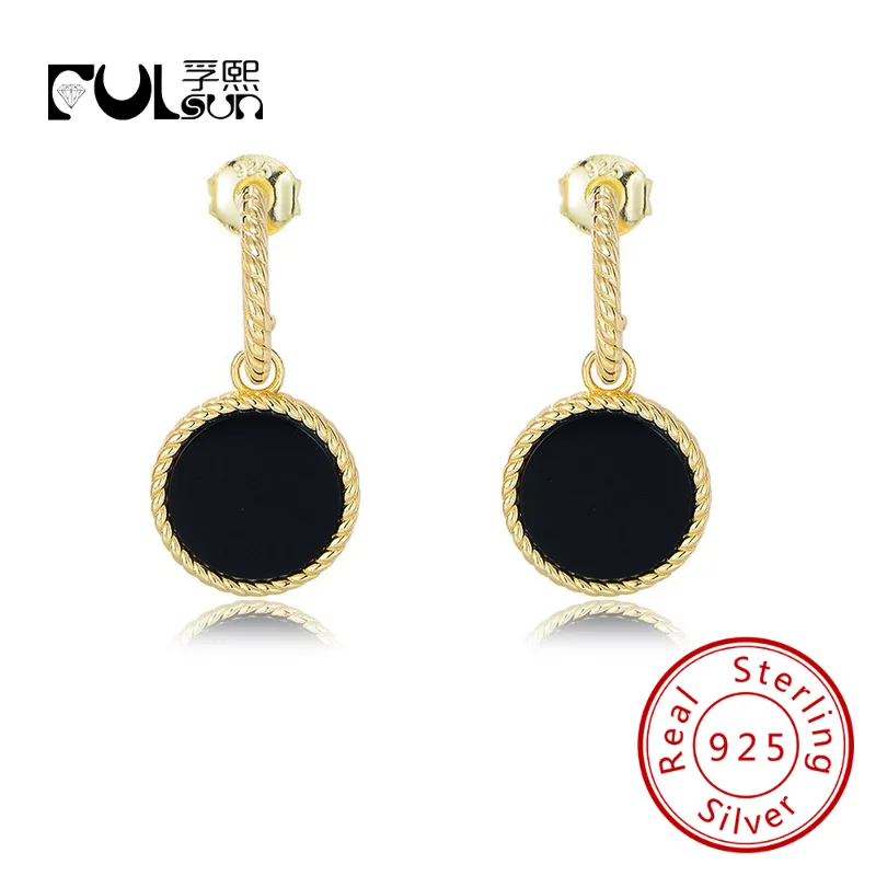 black agate drop earrings wedding jewelry 14k gold plated C shape bezel setting sterling silver earrings