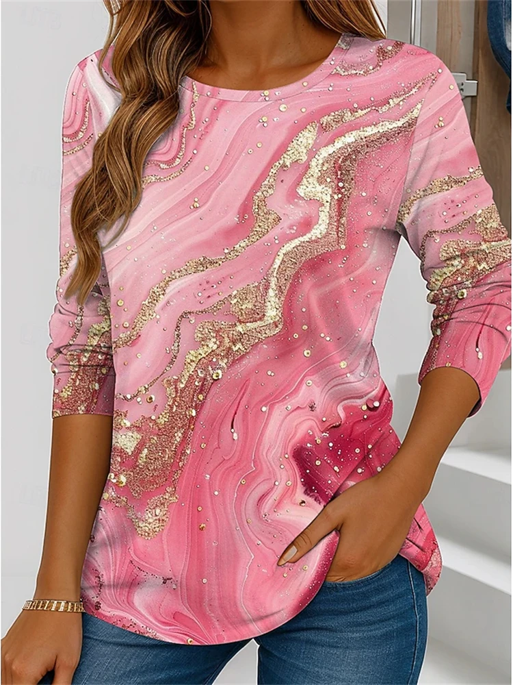 New Fall Women's Long-Sleeve Marble-Patterned 3D-Printed Fashionable Casual T-Shirt Relaxed Fit Round-Neck Stylish Top