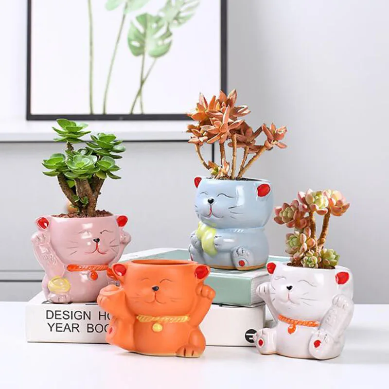 

Creative Lucky Cat Fleshy Plant Pot Ceramic Vase Coloured Drawing Porcelain Flowerpot Green Plant Container Home Garden Decor
