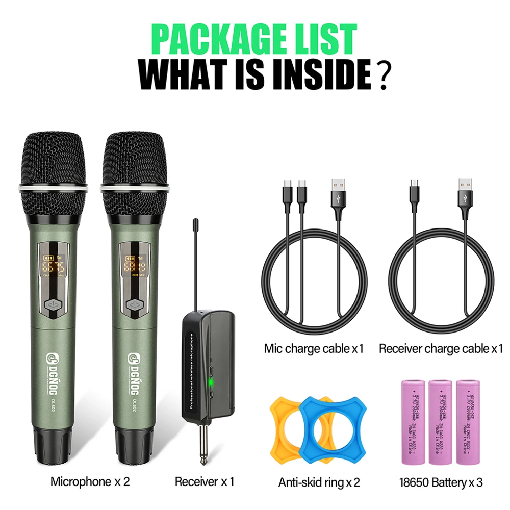 Rechargeable Battery Microphone 2 Channel UHF Wireless Microphone Dual Handheld Dynamic Adjust Frequency For Stage 200ft DL602