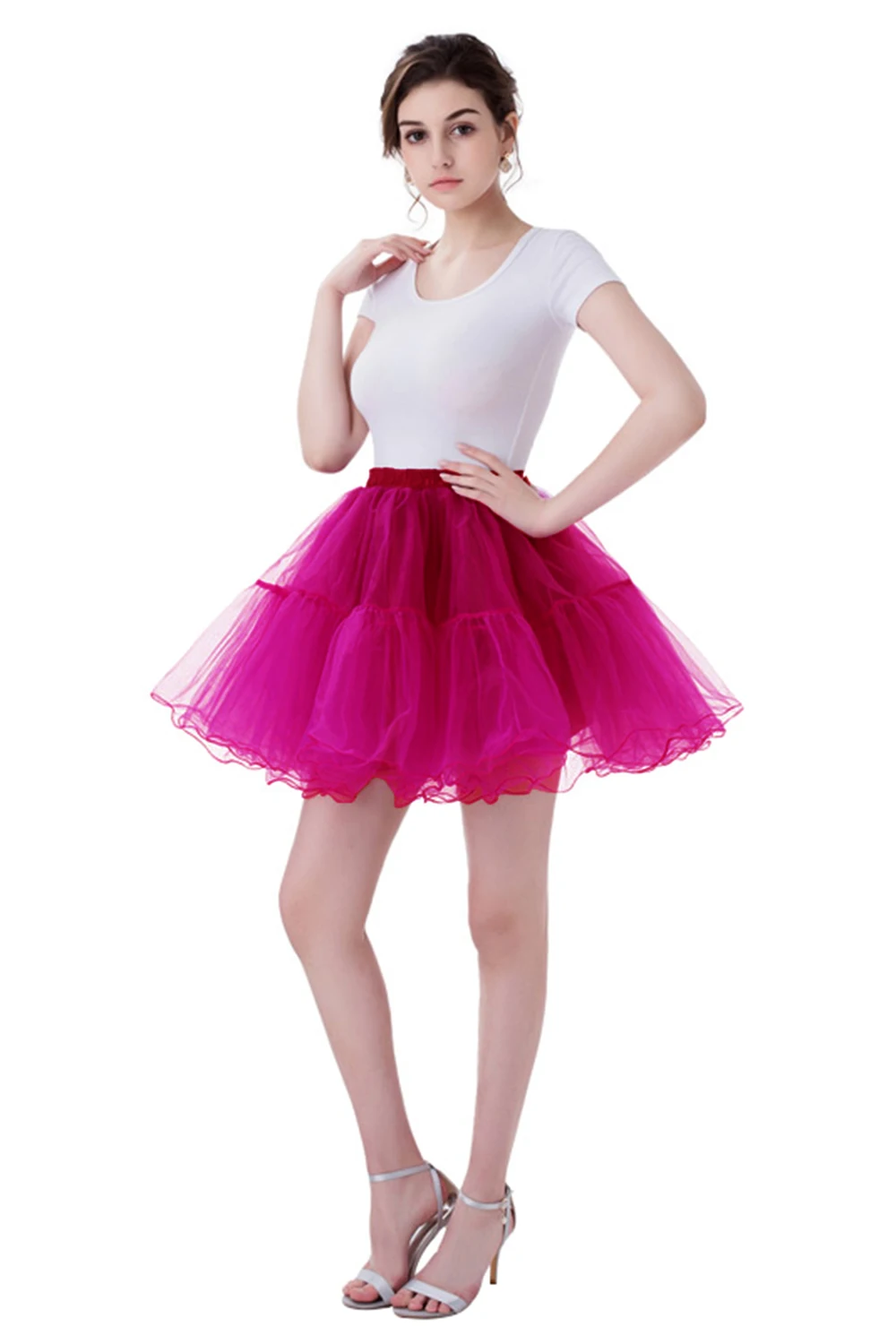 

Mini Fluffy Tulle Short Skirts Fuchsia Elastic Waist Ball Gown Petticoat Multi-layer Mesh Tutu Skirts Women Adult Half Slips