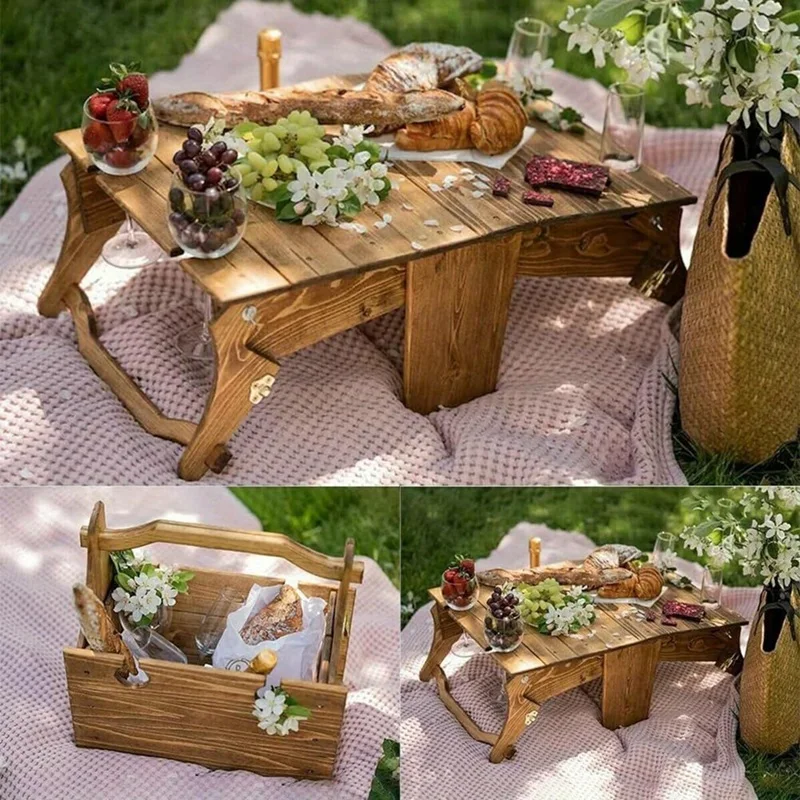 Wooden Outdoor Folding Picnic Table, Convertible Storage Wooden Basket, Natural Travel Camping Equipment Durable Easy Install