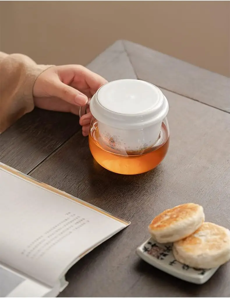 Glass Tea Cup Coffee Mug with Ceramic Infuser and Lid Saucers, Chinese Traditional Patterns, Tea, Juice, Coffee - 10oz (WAVE CLI