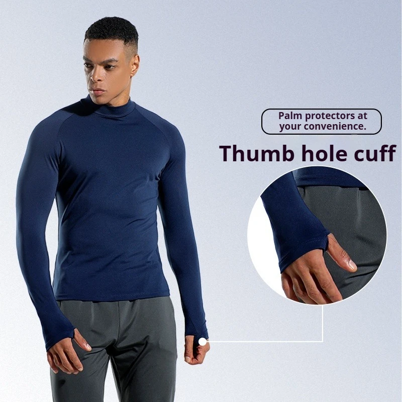 Men’s Autumn Winter Marathon Running Long Sleeve T-Shirt Quick Dry Thermal Base Layer with Mock Neck Stretch Fabric Thumb Holes