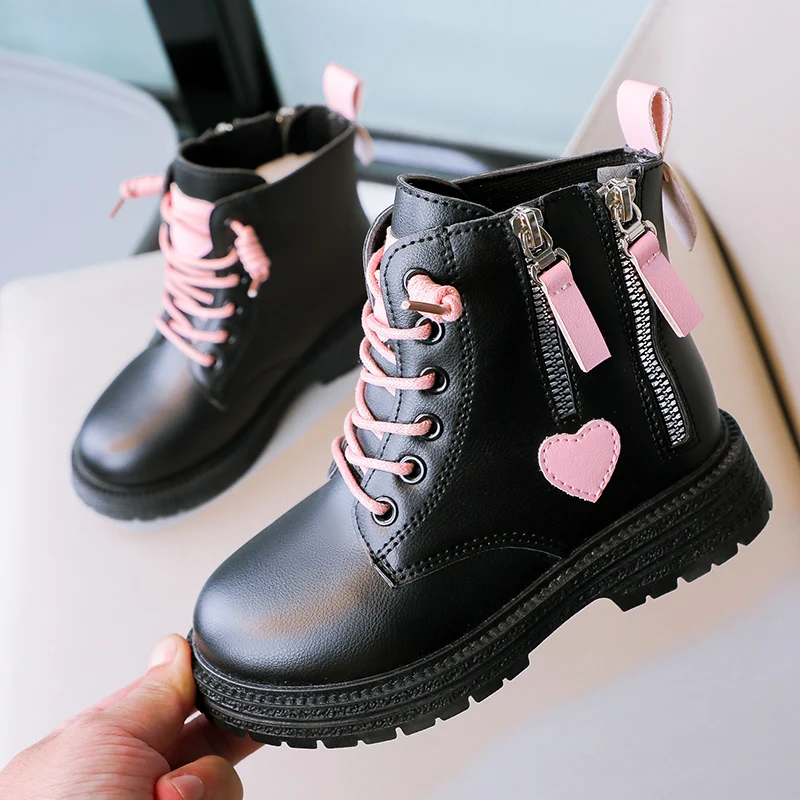 Girls Ankle Boots Double Zip Non-slip Kids Fashion Boots Pink Heart Children Princess Catwalk Boots Anti-Slippery Size 26-37