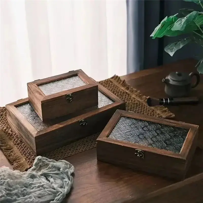 AB11 Vintage Glass Jewelry Box, Solid Wood Desktop Organizer, Retro Wooden Storage Case for Makeup, Rings, Earrings