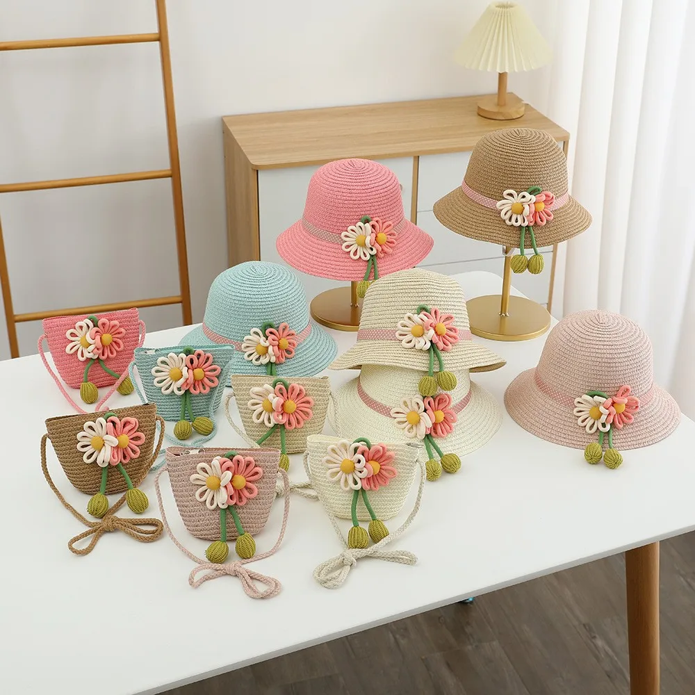 Straw hat for kids summer girls beach hat children\'s sun hat kids holiday travel straw hat bag set sunshade sun hat summer princ