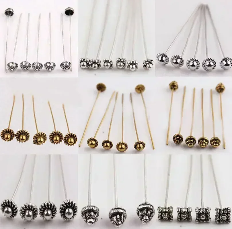 20Pcs Antique Silver Metal Flower Long Head Pins for Jewelry Making Diy Beads Ball Pins Findings Accessories 50mm