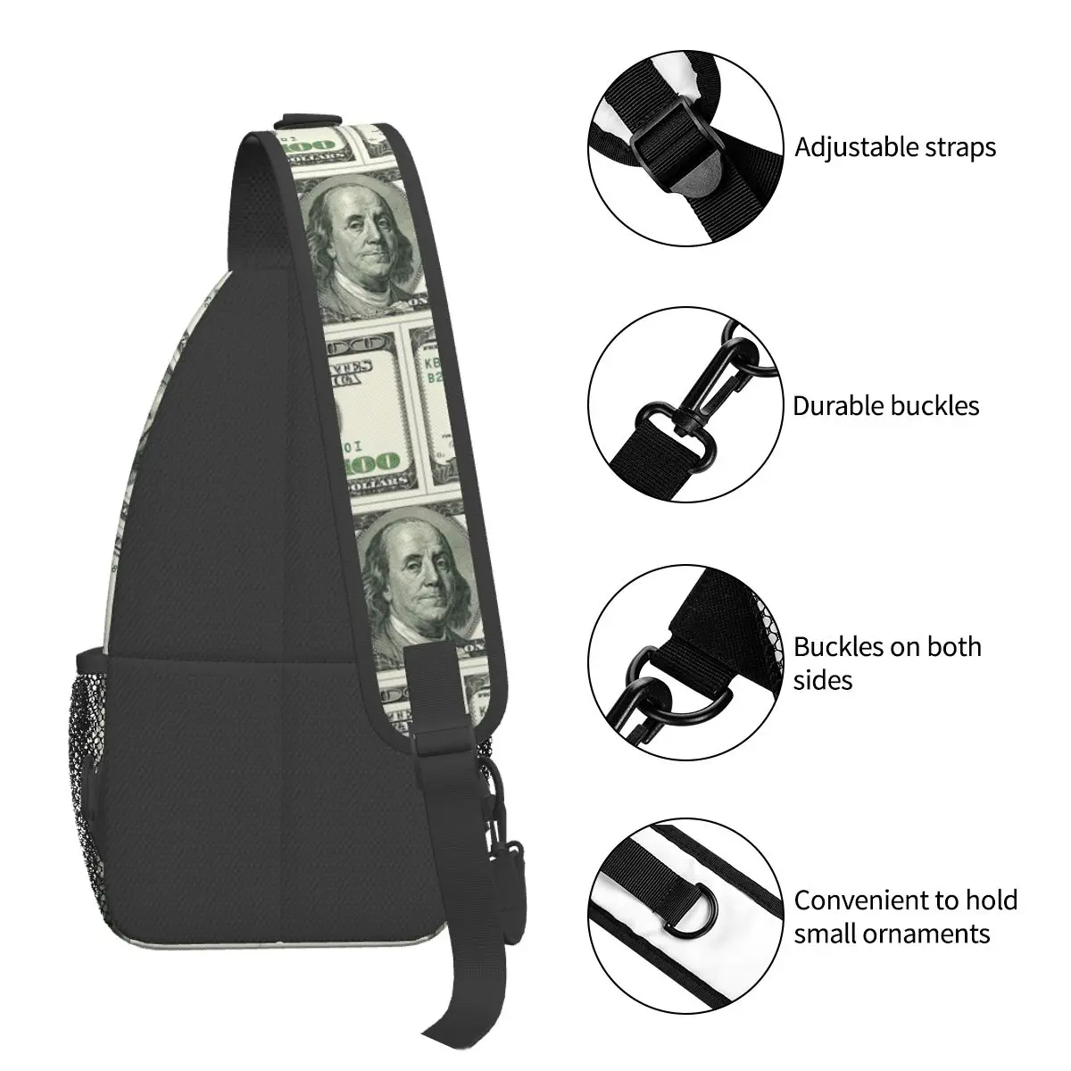 Marshall-100 Dollar Bill Sling Bags, Peito Crossbody Ombro Mochila, Viagem Caminhadas Daypacks, Padrão Dinheiro, EUA Satchel