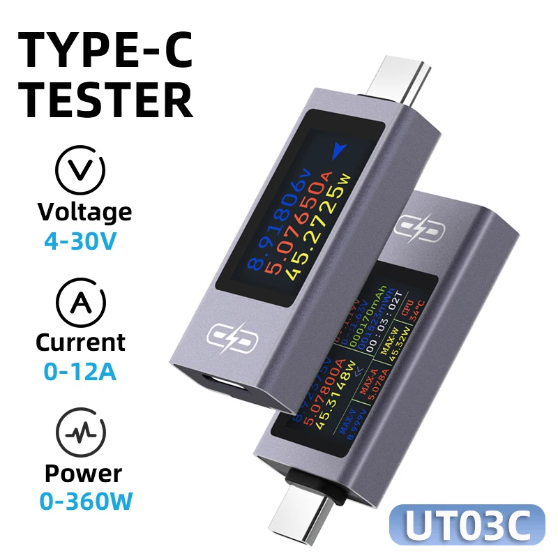 UT03C Typ-C Tester DC Digital Voltmeter Amperemeter 4-30V 0-12A 360W Spannung Strom Power Meter TYPE-C Schnelle Lade Detektor
