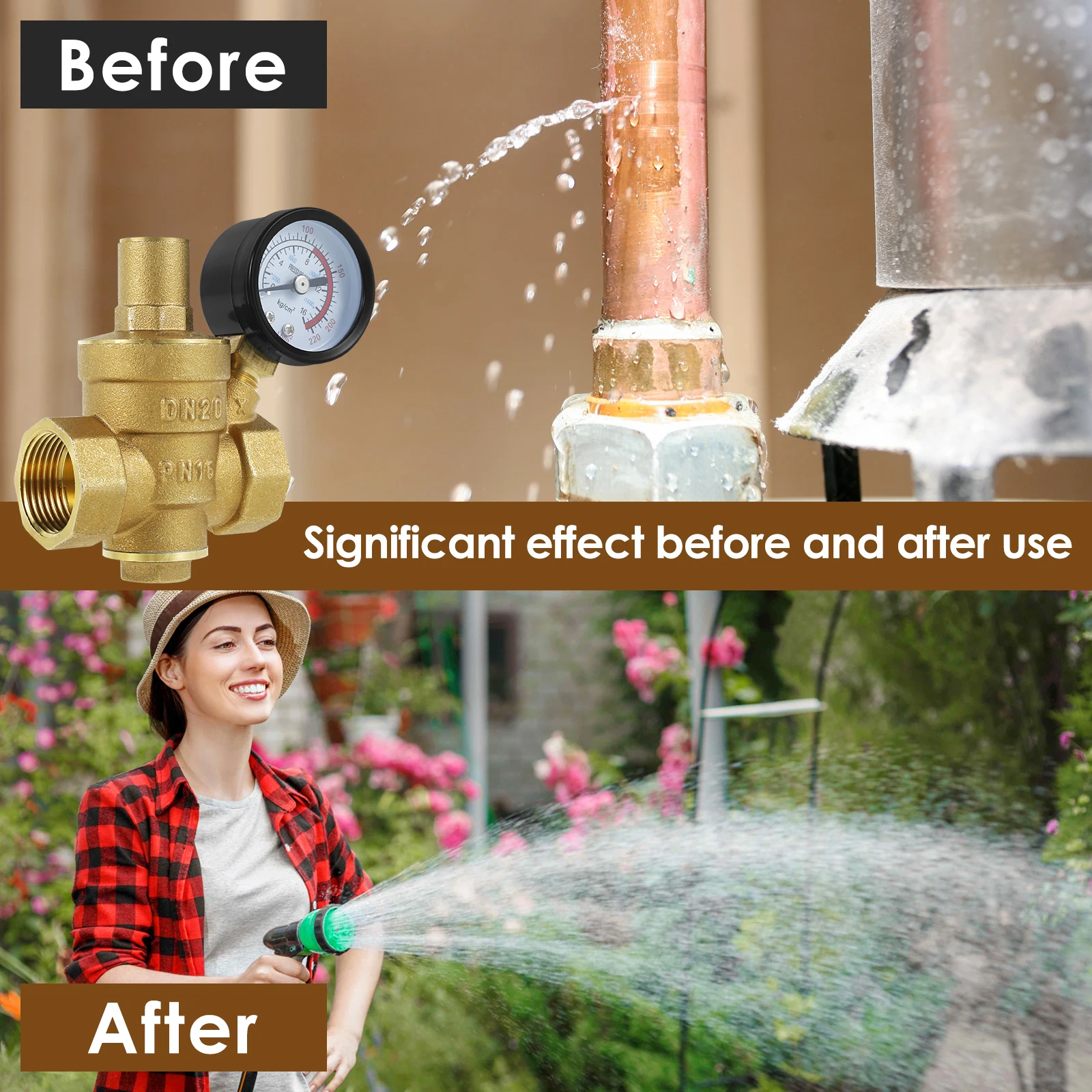 Redutor de pressão de água 3/4 polegadas DN20 Válvula reguladora de pressão de água de latão 1/2 polegadas DN15 Redutor de pressão ajustável com pressão