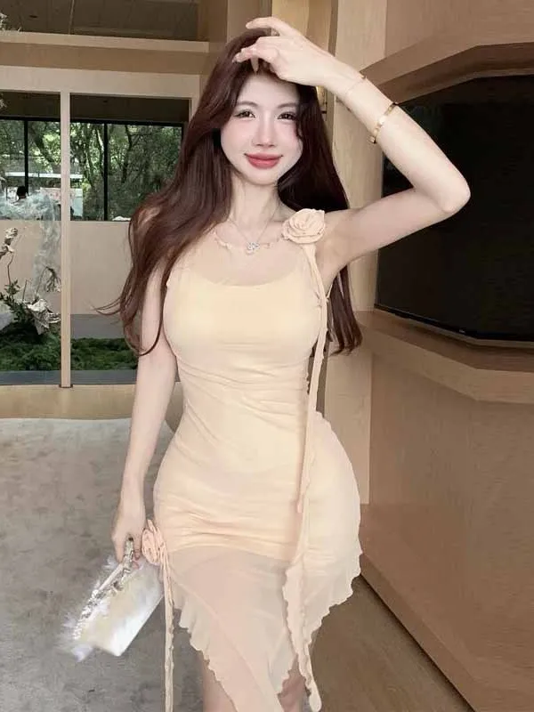 2024 Summer Pure Desire Spicy Girl Temperament Irregular Mesh Splicing Sheer Cinching Waist Wrap Hip Slim Sling Dress XK48