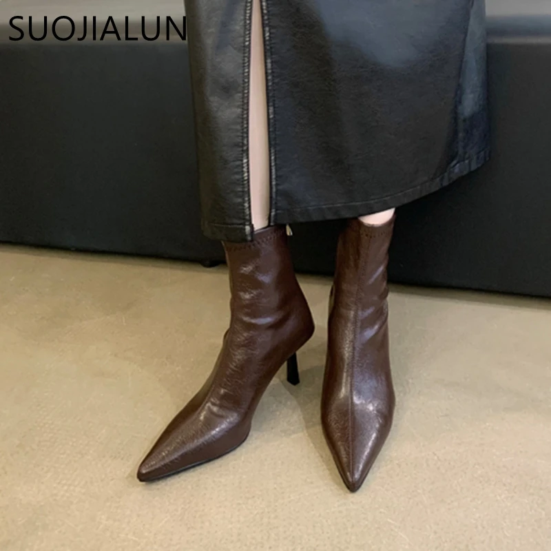 SUOJIALUN 2024 Winter New Brand Women Ankle Boots Fashion Pointed Toe Ladies Elegant Short Boots Shoes Thin High Heel Chelsea Pu