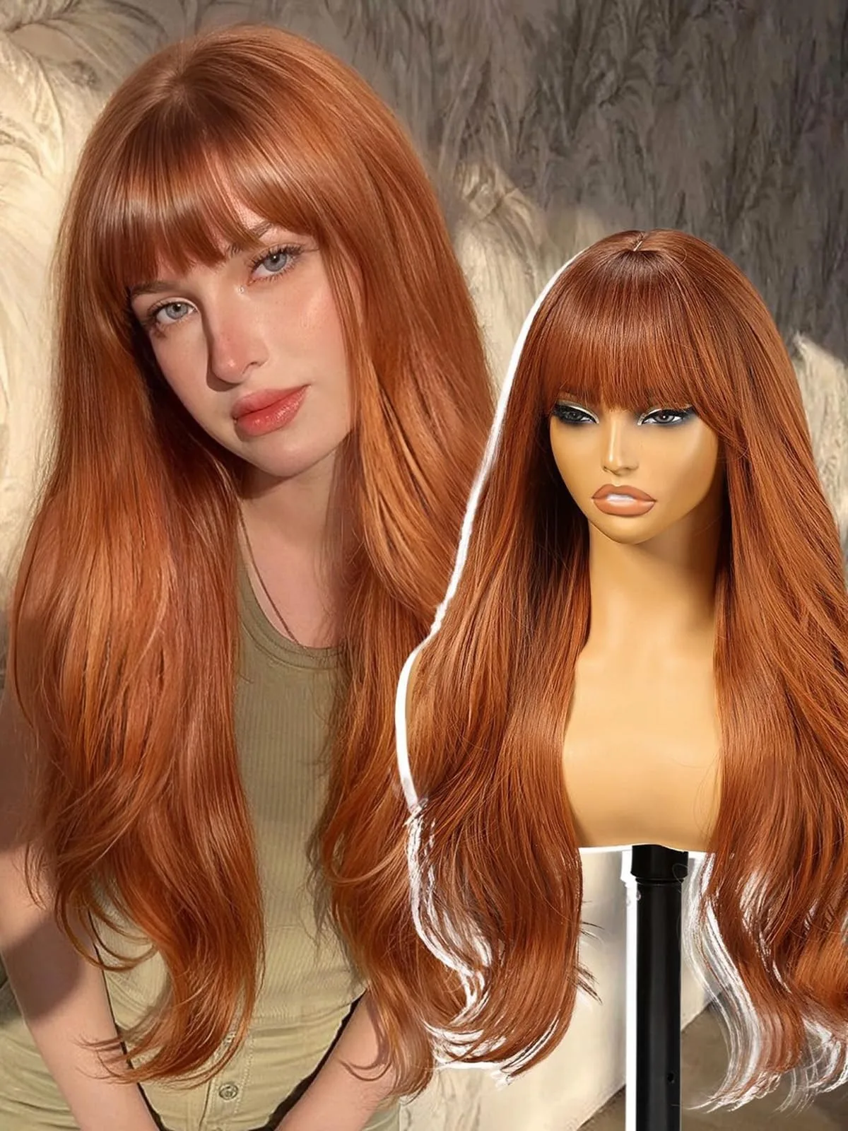 

Long Auburn Wigs with Bangs,Ginger Layered Wavy Synthetic Wig for Women Party...
