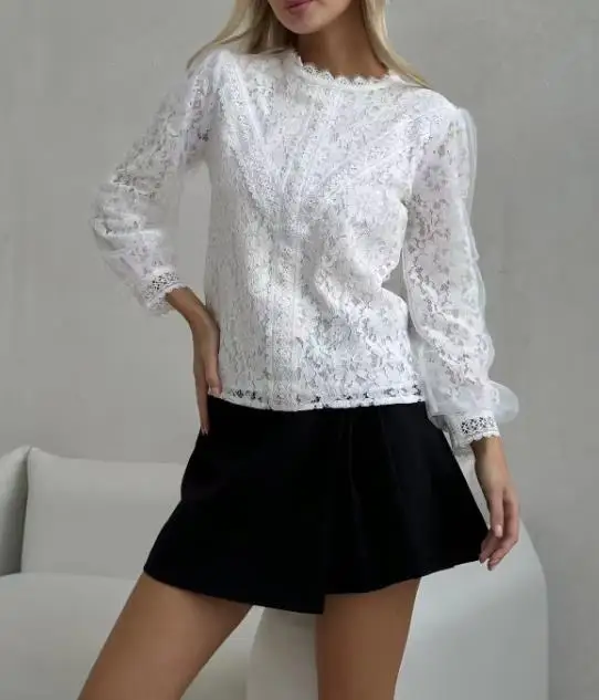 

2025 Spring/summer Elegant New Product Lace Shirt Bottom Mesh Lace Shirt Hook Flower Hollow Air Feeling Shirt Pullover Tops