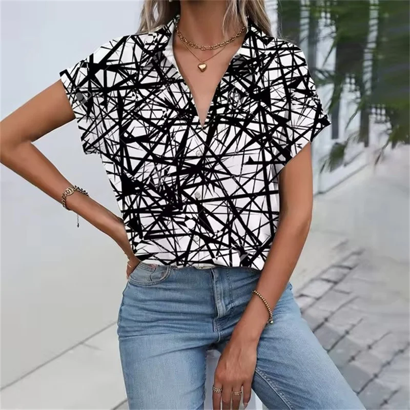 Daily Casual Women\'s Shirt Classic Black Line Print Shirts & Blouses Women\'s Summer Clothes Short Sleeve Button Front Shirt Tops