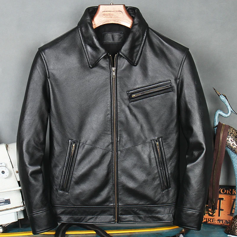 shipping.2023 New brand Free soft genuine leather jacket.men black classic rider cowhide coat.cheap casual leather clothes