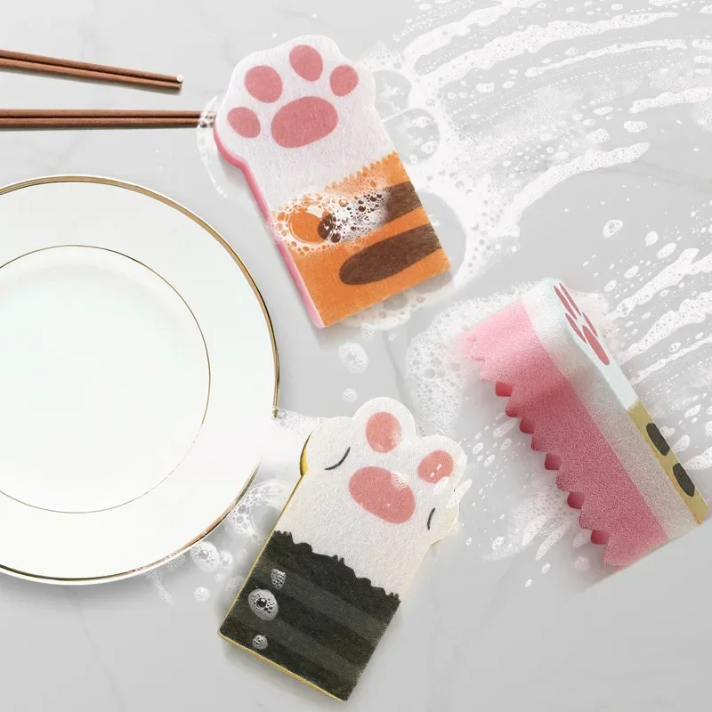 

3 Pcs Washing Dishes Sponge Brush Cleaning Pans Cute Cat Paw Magic Wipe Cleaning Dish Towel Cloth Kitchen Household Supplies