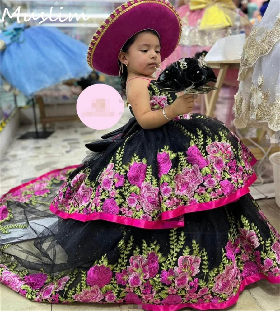 Mexico Black Flower Girls Dress Princess Flower Tiered Cupcake Toddler Kid Pageant Dress Vintage Baby Shower Photoshoot Customiz