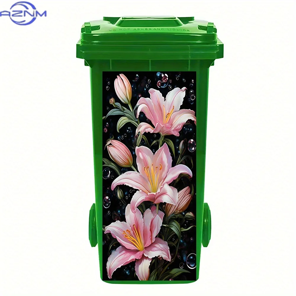 Pink Lilies with Bubbles PVC Trash Can Stickers - Waterproof Removable Self-Adhesive Floral Decals, 30.99x70.0 cm Large Decora