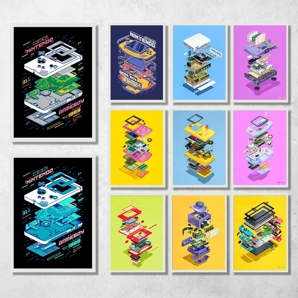 Classic Game Console Disassembly Diagram Poster Canvas Prints Classic Game Boy Game Player Wall Decor for Kids Room Gaming Room