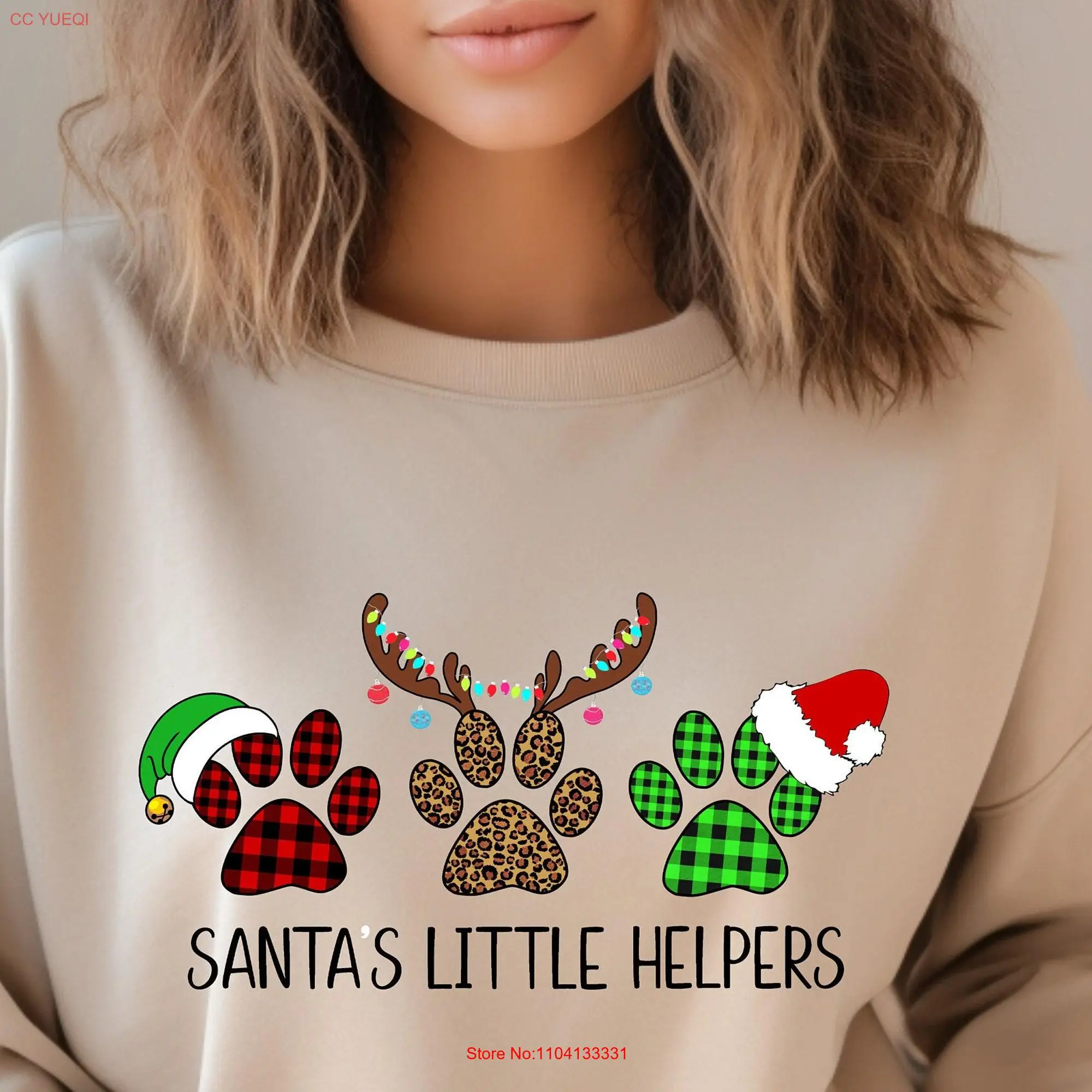 Santa's Little Helper SweaT T Shirt Santa With Paw and Deer Christmas Xmas Sweater For long or short sleeves