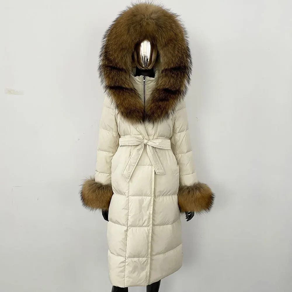 Pop Real Fur Jacket Women Fashion Winter Natural Big Fox Fur Collar Loose Thick Warm Goose Down Coat Outerwear Streetwear Luxury