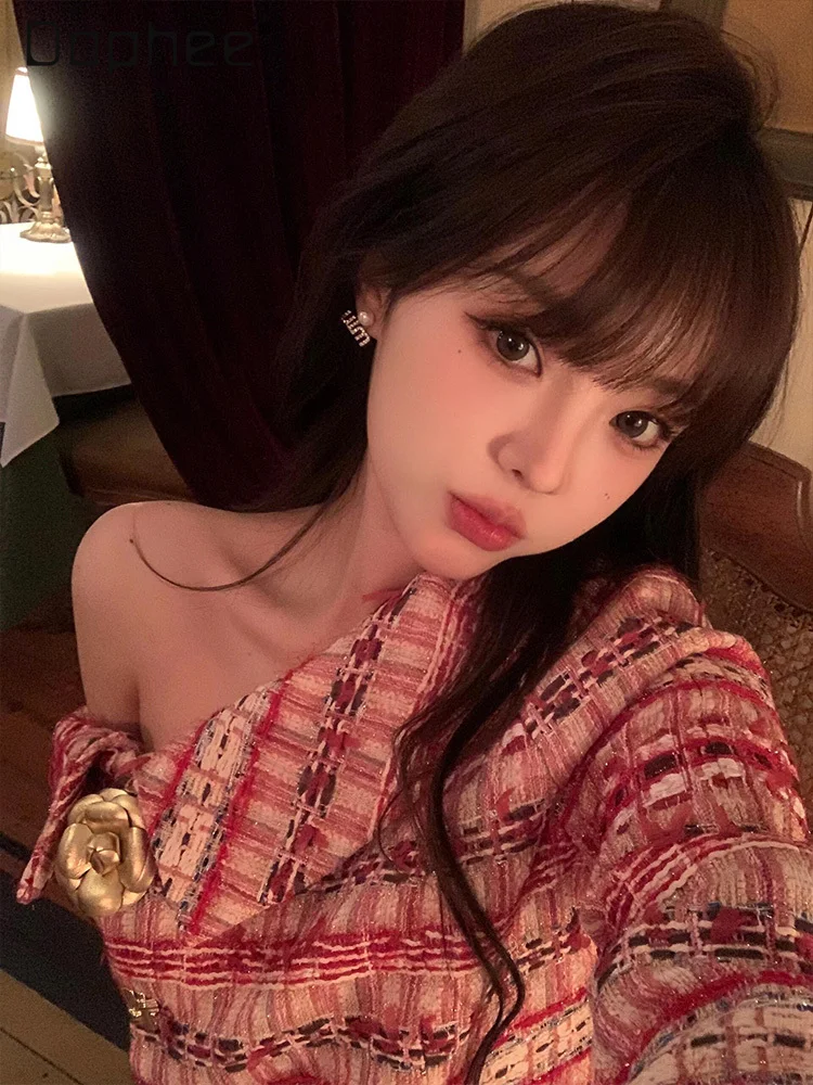 Korean Sweet Celebrity Temperament Off Shoulder Lapel Jacket Fashion Commuter Splicing Color Single-breasted Short Tweed Jackets