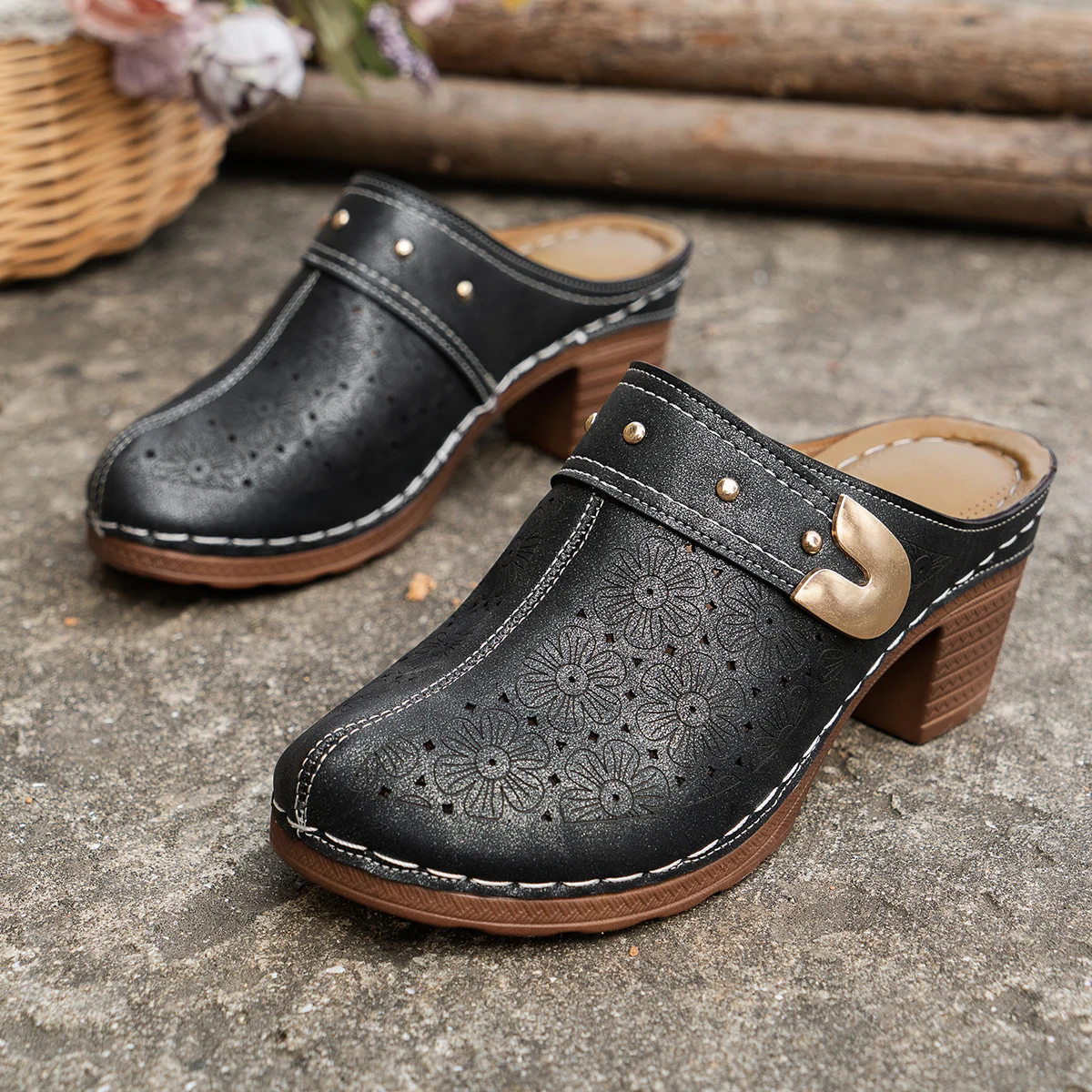 Women Slippers Chunky Heels Women Platform Sandals Height Increase Lady Summer Retro Round Mules Thick Sole Slides Zapatos Mujer