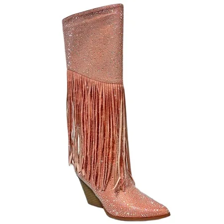 

Tassel Rhinestone Block Heel Mid-Calf Boots Spliced Material Sheep Suede Pointed Toe Botines Slip-On Women Botas Femininas