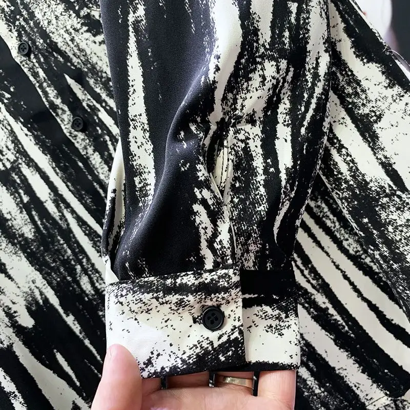 Korean Style Ink Retro Striped Shirt Men Slim Thin Tie-dyed Long-sleeved Ice Silk Shirt