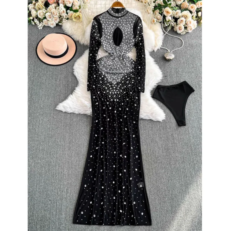 [ZOCI] Wind Sexy Girl Dress, Women's Long Sleeved Round Neck Mesh Splicing, Diamond Inlaid Slimming, Hip Hugging