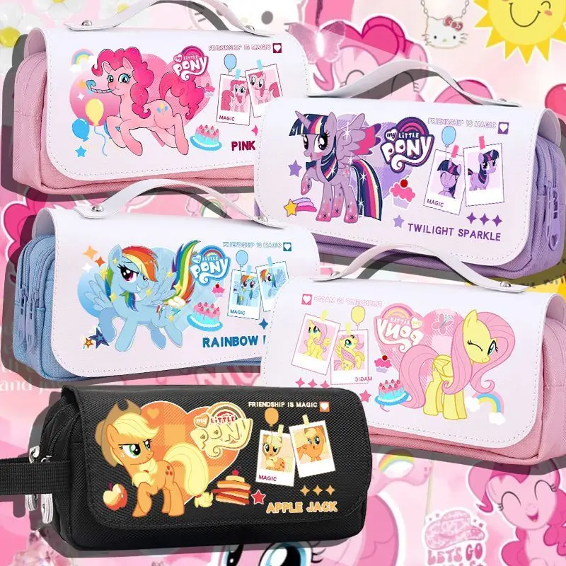 Милый пенал с персонажами My Little Pony: Пинки Пай, Флаттершай, Твайлайт Спаркл, аниме-фигурки, мультяшный дизайн, на молнии, для канцелярии и игрушек.