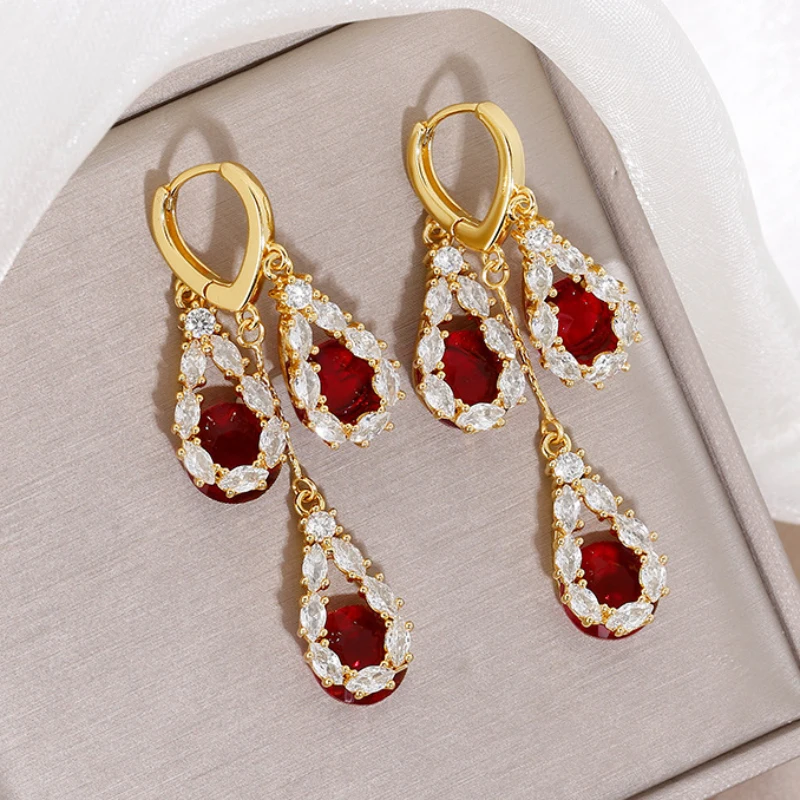 Fashion Water drop Ruby Tassel earrings for women Light Luxury High Grade long style Earring Buckle charms Wedding Jewelry Gifts