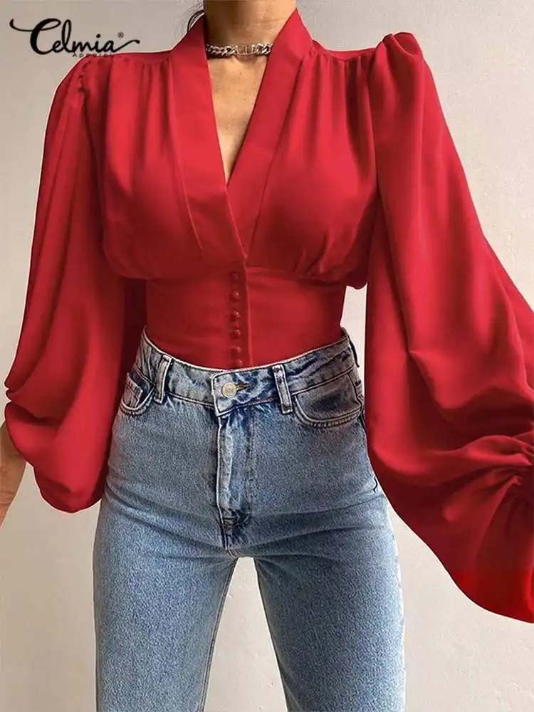 Celmia Elegant Women Shirts French Vintage Puff Sleeve Short Tops Sexy V Neck Buttons Blouses 2024 Autumn Solid Color Chic Blusa