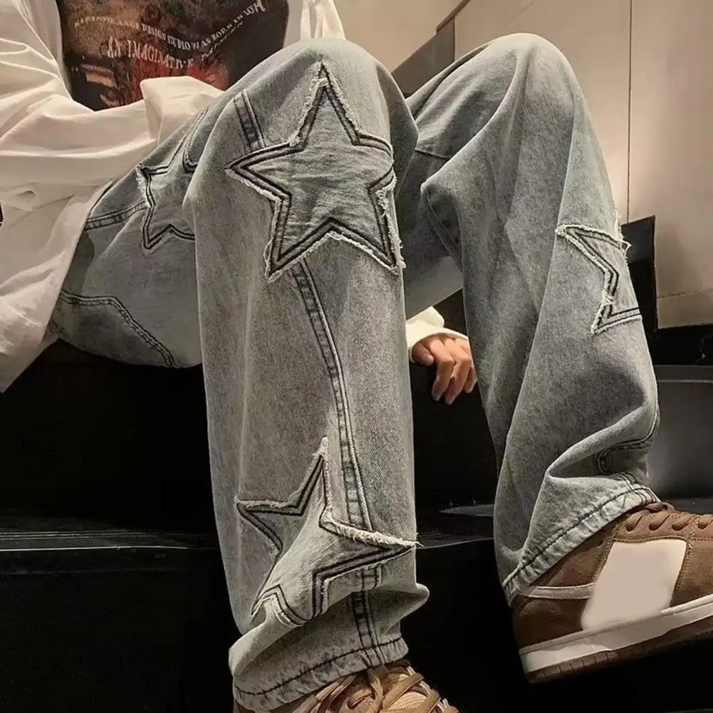 2023 New Fashion Stars Towel Embroidery Brown Baggy Men Jeans Pants Clothes Straight Hip Hop Cotton Trousers Pantalon Homme