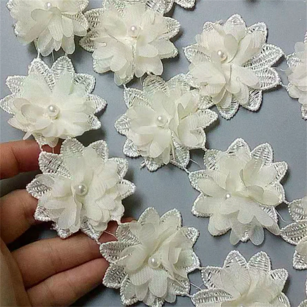 

50x Ivory Flower Chiffon Pearl Embroidered Lace Trim Ribbon Fabric Handmade DIY Sewing Craft For Costume Hat Shoes Decoration