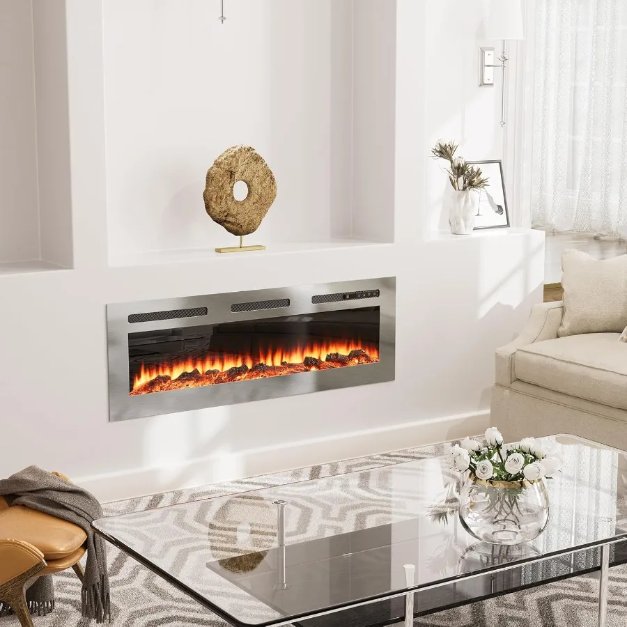 Camino elettrico in acciaio inossidabile Luoghi antincendio da 50 pollici Inserti per caminetto elettrico Camino elettrico da incasso e a parete