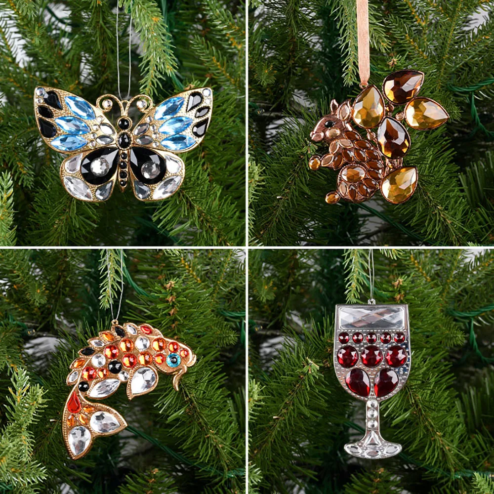 Christmas Ornaments Acrylic Crystal Star Squirrel Butterfly Flower Wine Cup Xmas Tree Decoration Hanging Pendants DIY Home Decor