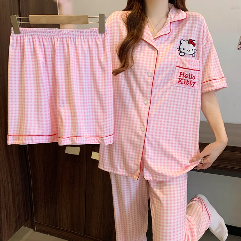 HelloKitty Conjunto de pijama para mujer de manga corta 3 piezas Primavera Verano Ropa para el hogar Suelta Cómoda