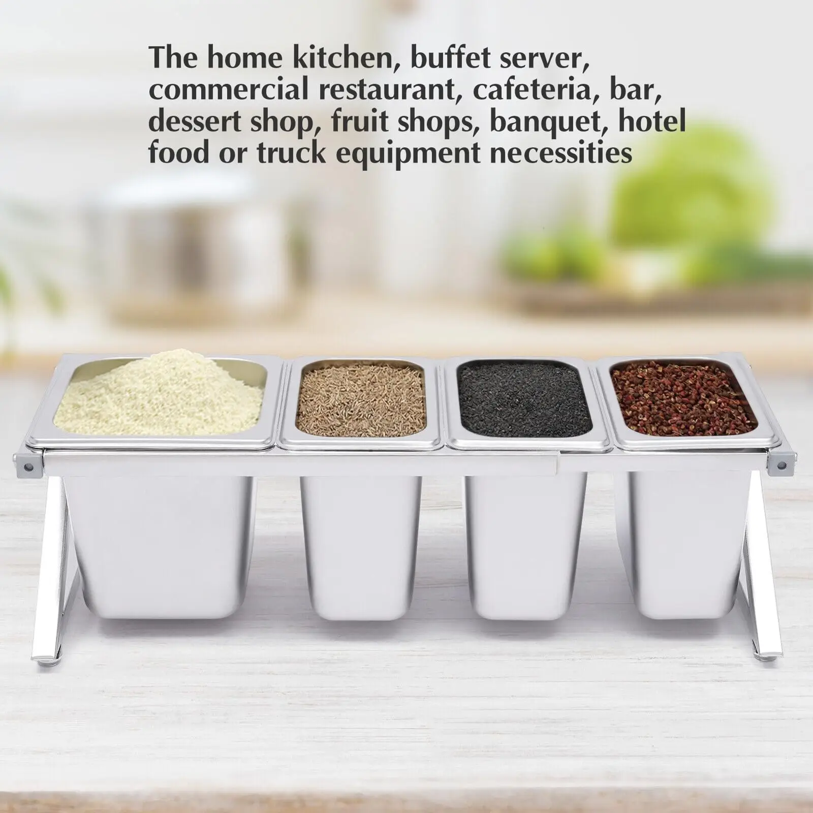 ピザトッピングステーション（4つのパンと蓋付き）、ステンレス製食品容器パン、調味料ディスペンサー、カウンタートップスパイスラックオーガナイザー