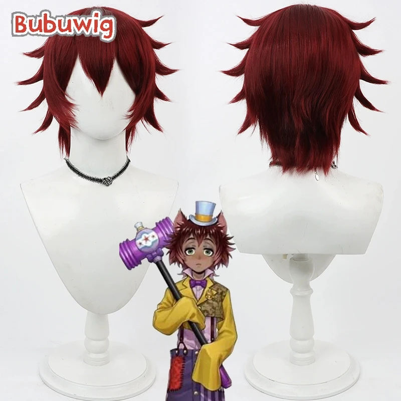 Bubuwig Capelli sintetici Gidel Parrucche Cosplay Twisted Wonderland Gidel 30 cm Donna Breve rettilineo Rosso Cos Parrucca Resistente al calore