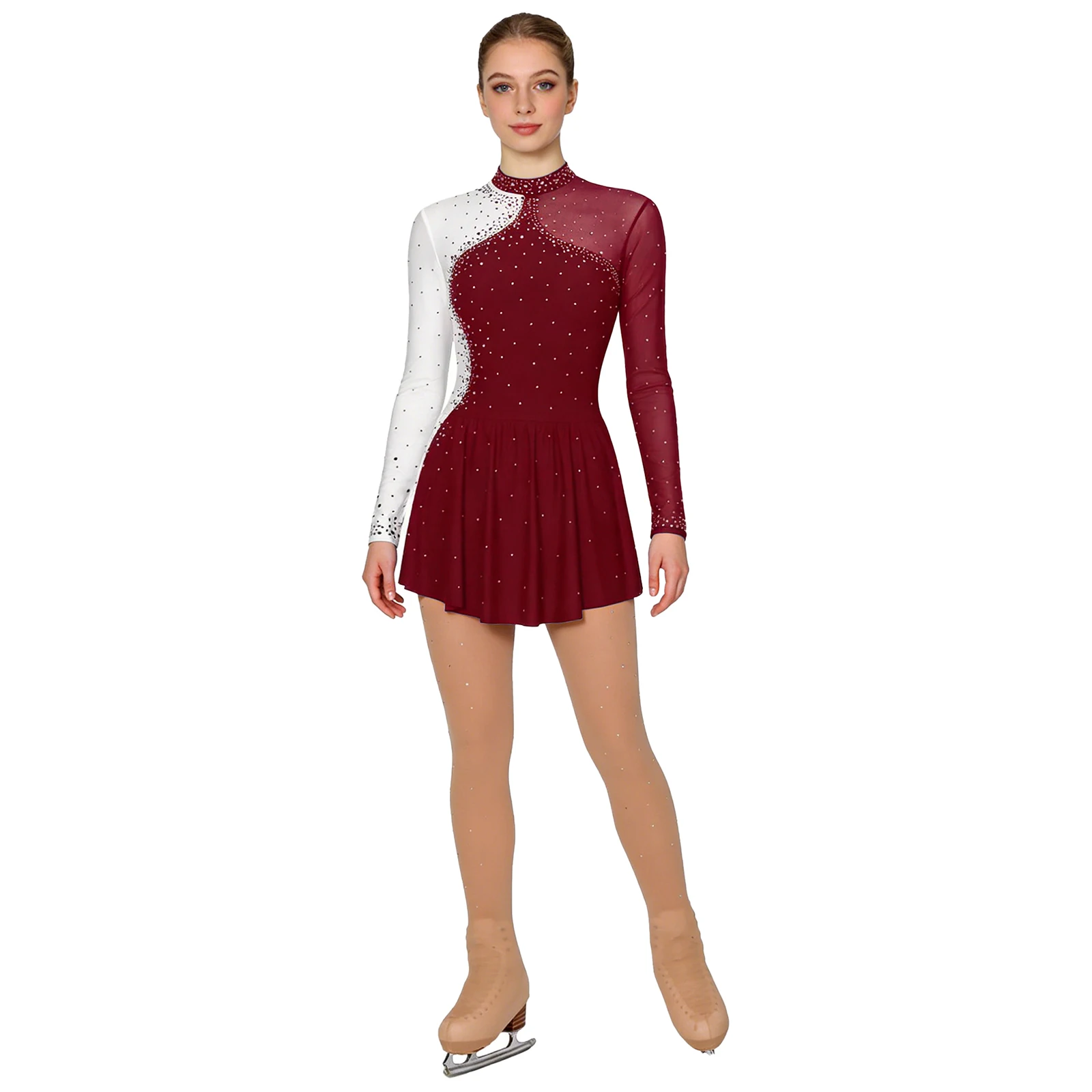 Womens Rhinestone Figure Skating Dance Dress And Boot Cover Tights Set Lyrical Modern Contemporary Dancewear Ballerina Costume